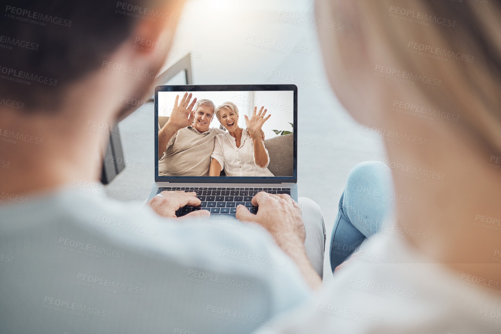 Buy stock photo Laptop, wave and senior couple on video call, online meeting and communication webinar. Computer, hello and elderly man and woman in virtual conference, internet chat and talking in retirement home