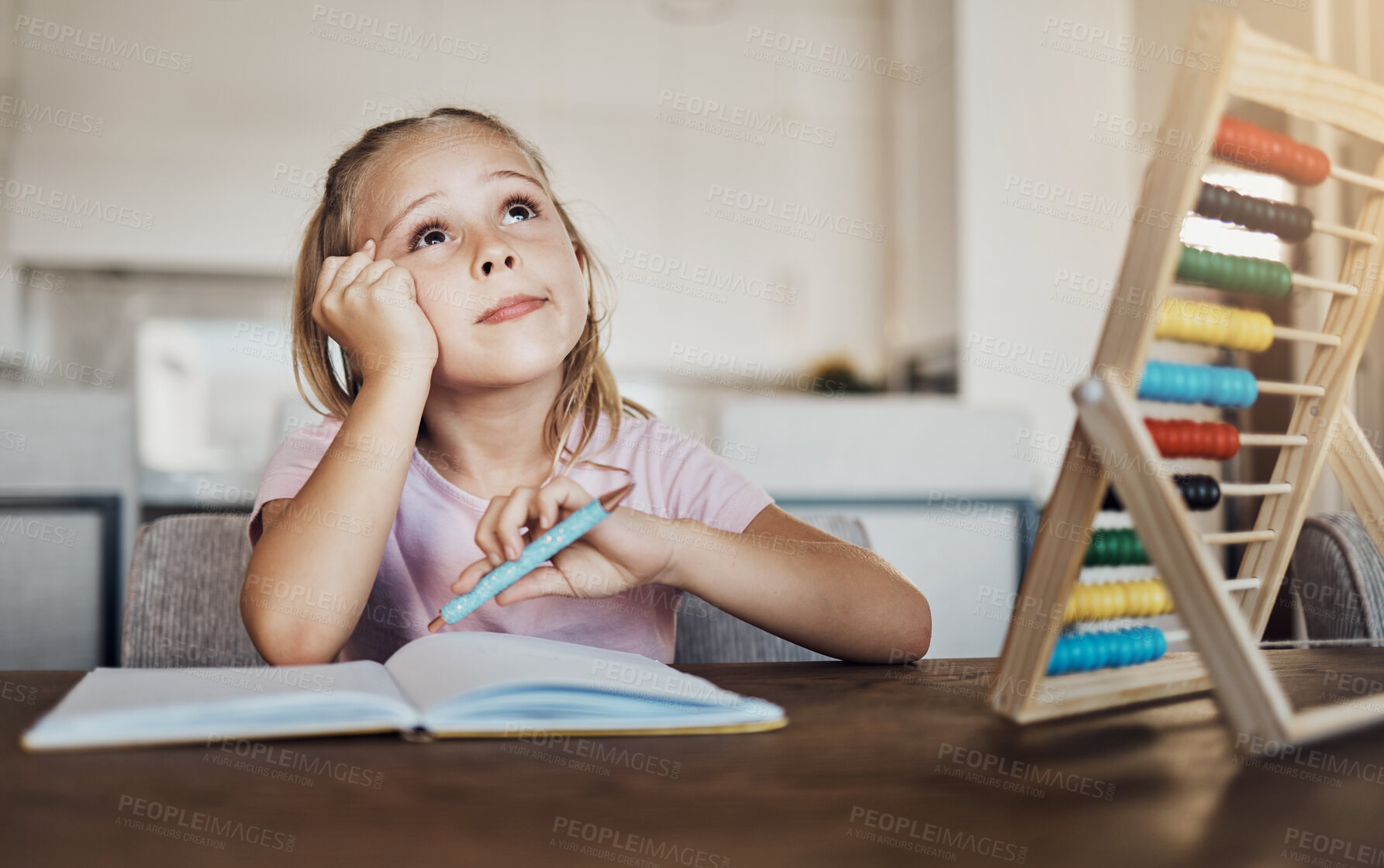 Buy stock photo Thinking, homework and girl with abacus for learning mathematics, counting and studying. Education, school and kid brainstorming with notebook for child development, knowledge and lesson at home