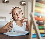 Student thinking, child and abacus for home education, math learning and problem solving numbers. Young girl or kid with ideas, solution or knowledge for school development, question or notes in book