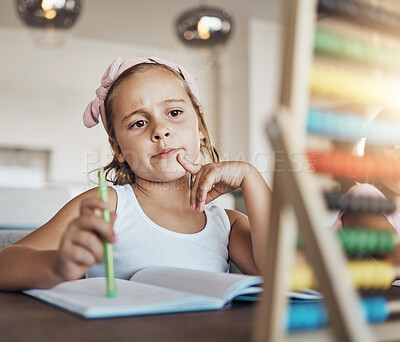 Buy stock photo Student thinking, child and abacus for home education, math learning and problem solving numbers. Young girl or kid with ideas, solution or knowledge for school development, question or notes in book