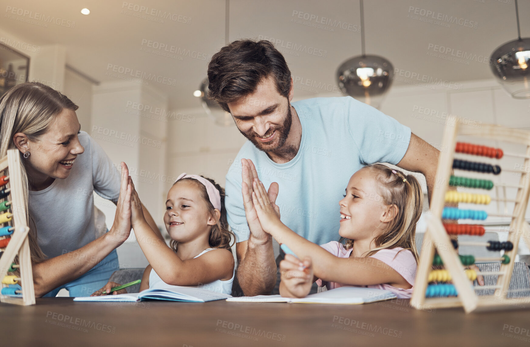 Buy stock photo Children, learning and parents high five for family support, teaching goals and math solution or education at home. Mother, father and girl kids with hands together, well done and school achievement