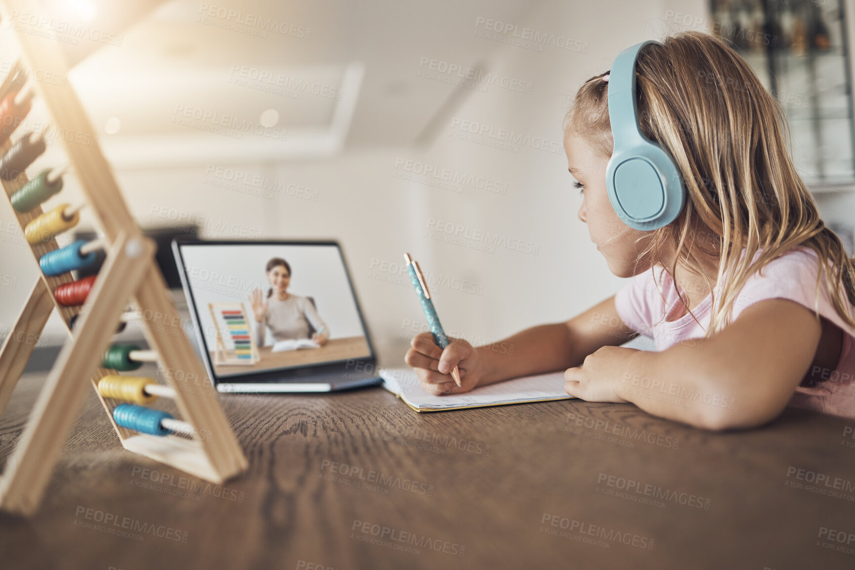 Buy stock photo Home, laptop and girl with education, online class and headphones with connection, support and knowledge. Person, student and child with headset, pc and elearning with virtual teaching and studying