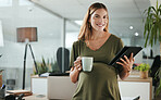 Portrait, tablet and tea with a pregnant woman in her business office at the start of her maternity leave from work. Company, research and pregnancy with a happy young employee in the workplace