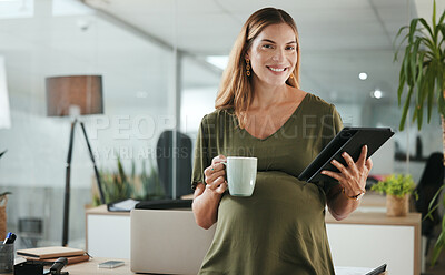 Buy stock photo Portrait, tablet and pregnant with woman in her business office at the start of her maternity leave from work. Company, research and pregnancy with tea and happy young employee in the workplace