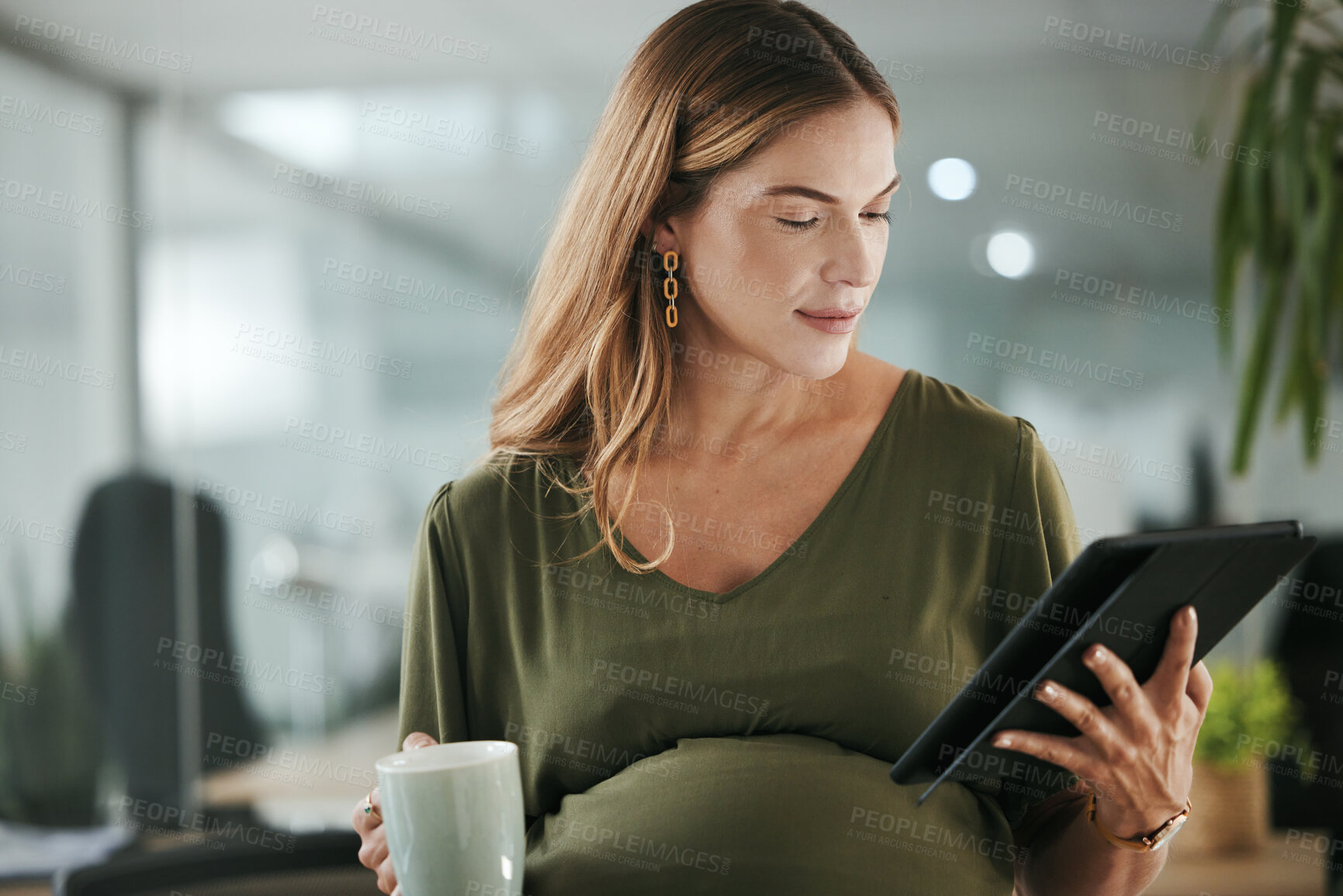 Buy stock photo Tablet, research and pregnant business woman in office reading information on internet. Maternity, coffee cup and female designer from Canada with pregnancy working on digital technology in workplace