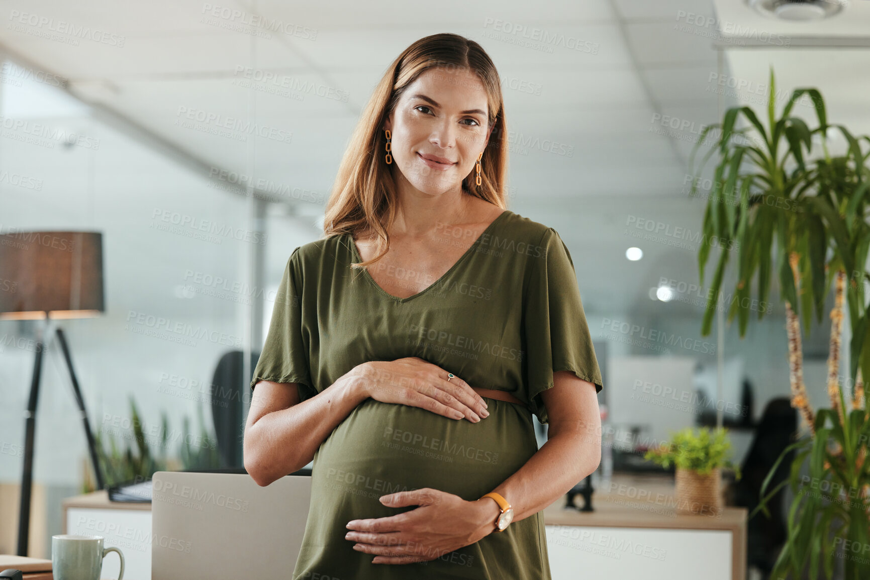 Buy stock photo Portrait, stomach and a pregnant business woman in her office at the start of her maternity leave from work. Company, belly and pregnancy with a happy young employee in the workplace for motherhood