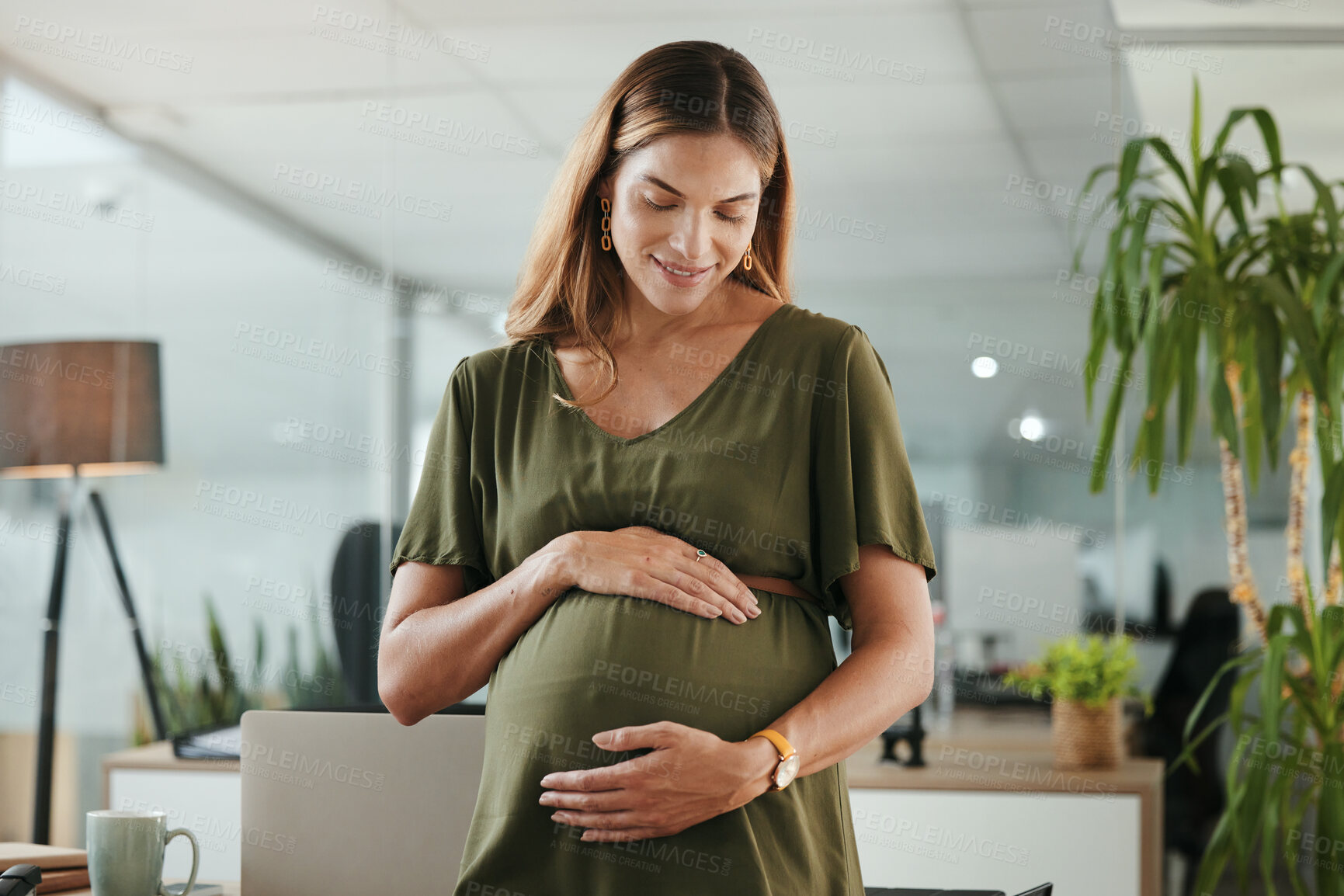 Buy stock photo Businesswoman, pregnant and stomach with smile in office with vision, idea or thinking of baby. Female person, worker or employee with hands on abdomen for love, care and hope for future of child