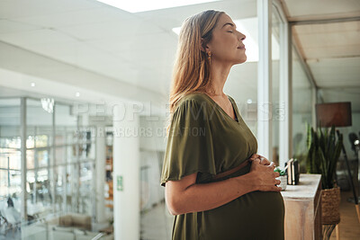 Woman, relax or pregnant stomach in office break in breathing meditation in company workplace. Belly, calm employee or mom in pregnancy in career, work and job with peace, affection and care for baby