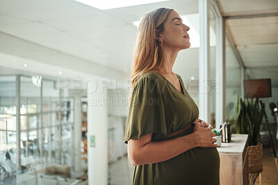 Buy stock photo Woman, relax or pregnant stomach in office break in breathing meditation in company workplace. Belly, calm employee or mom in pregnancy in career, work and job with peace, affection and care for baby