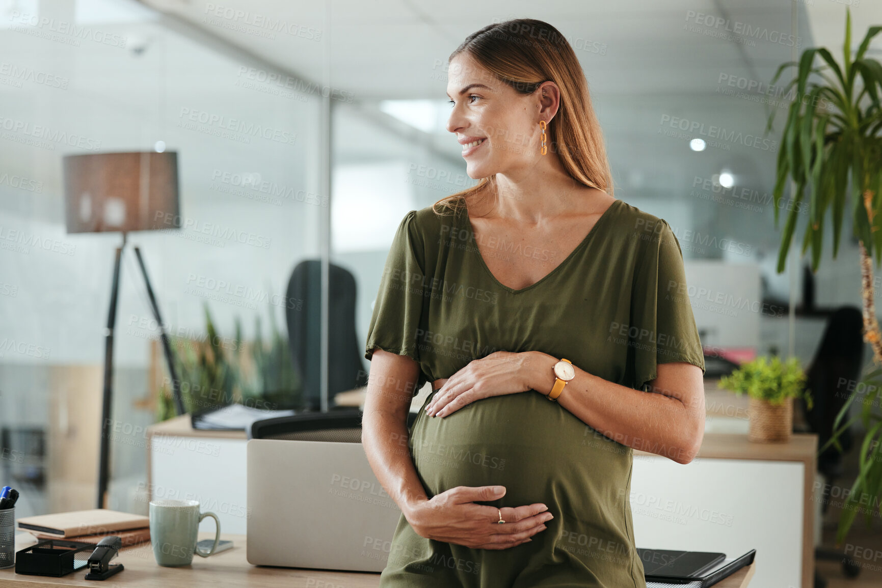 Buy stock photo Happy, thinking and pregnant woman in office for work, business and feeling stomach. Professional, idea and an emplloyee with a belly during pregnancy and working at a corporate company with a smile