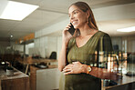 Happy phone call, conversation and professional pregnant woman consulting on development plan, report or project. Window, pregnancy and maternity worker speaking with smartphone investment contact