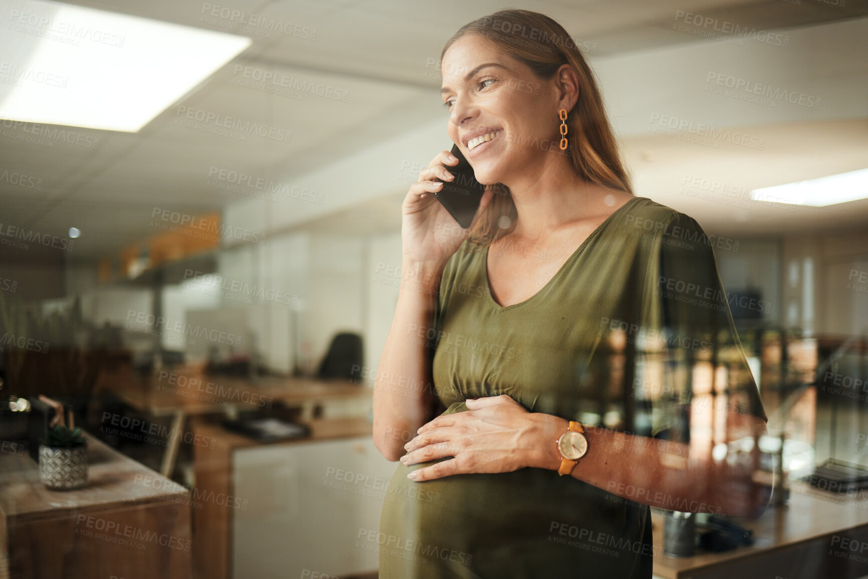 Buy stock photo Happy phone call, conversation and professional pregnant woman consulting on development plan, report or project. Window, pregnancy and maternity worker speaking with smartphone investment contact