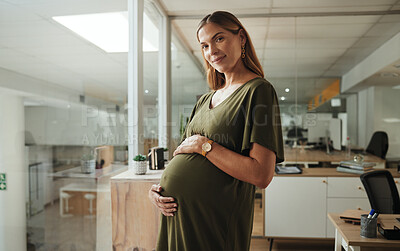 Buy stock photo Portrait, stomach and a pregnant woman in her business office at the start of her maternity leave from work. Company, belly and pregnancy with a confident young employee or mother in the workplace