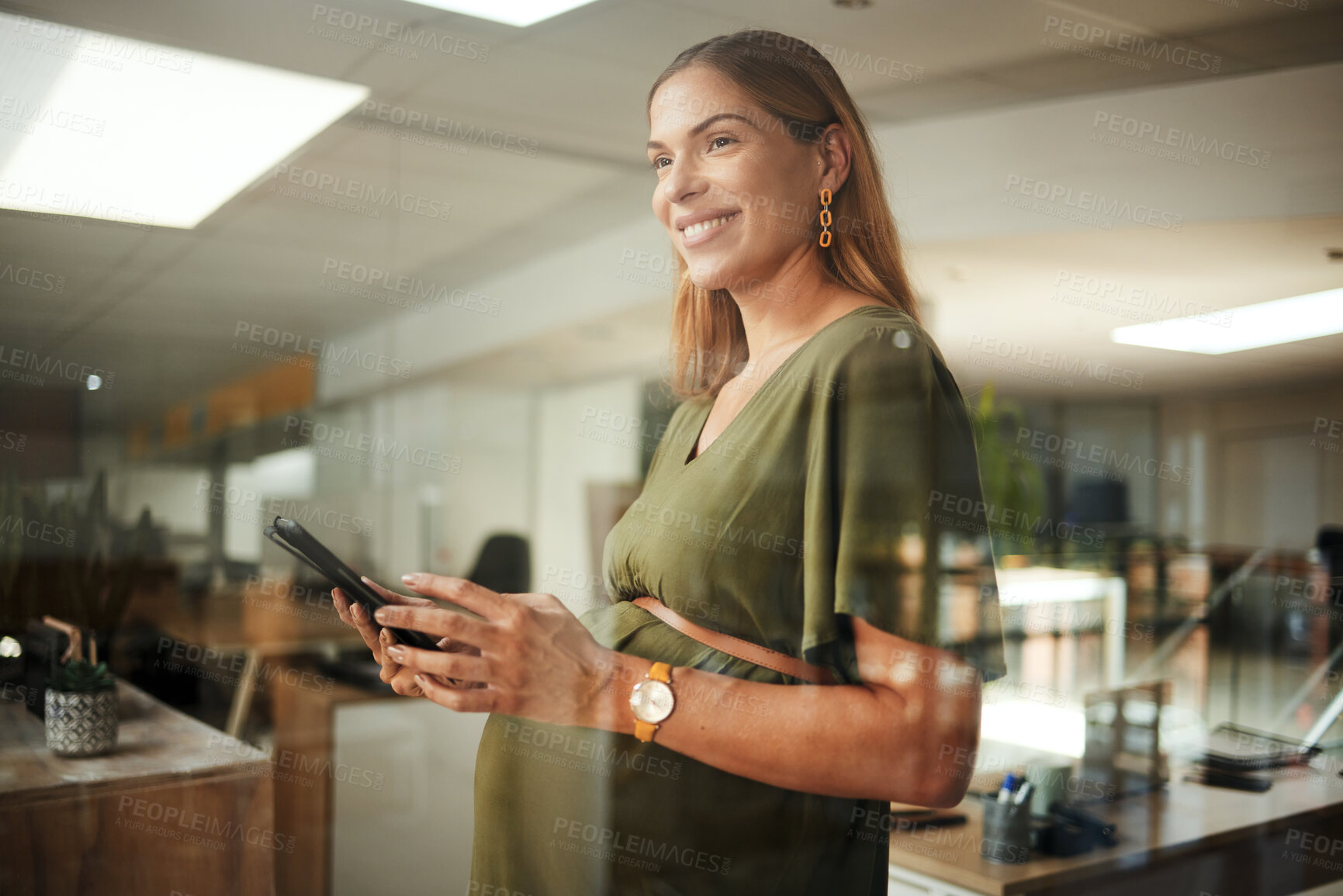 Buy stock photo Woman, thinking and phone with smile in office for business, networking or ideas for marketing or pregnant. Person, smartphone and happiness at work for communication, conversation or internet chat