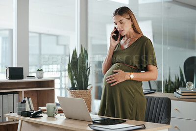 Buy stock photo Smartphone call, talking and professional pregnant woman,  admin or receptionist consulting on baby development. Business secretary, pregnancy and maternity employee speaking with cellphone contact