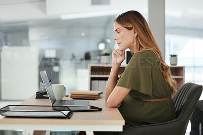 Buy stock photo Business, thinking and woman with a laptop, connection and planning with brainstorming, solution and network. Person, worker or employee with a pc, pregnancy or idea with decision, choice or internet