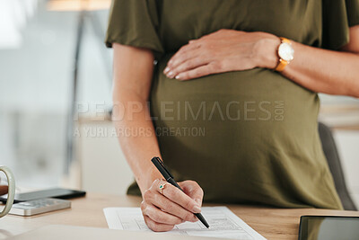 Buy stock photo Businesswoman, pregnant and writing on document in office for information, maternity leave or insurance with contract. Female person, mother and hand on stomach for comfort, love and caring for baby