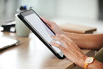 Tablet, hands and closeup of woman in office doing research and reading information on internet. Professional, online and female designer working on project with digital technology in workplace.