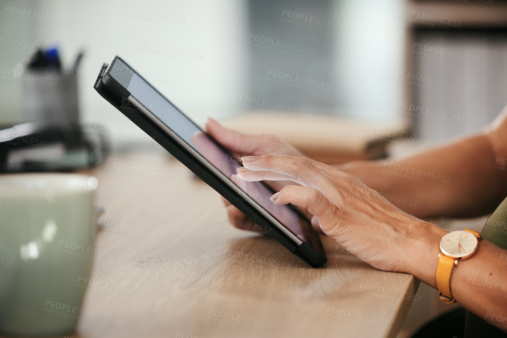 Buy stock photo Tablet, hands and closeup of business woman in office doing research and reading information on internet. Online, career and female designer working on project with digital technology in workplace.