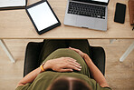 Woman, pregnant and stomach with tablet screen in space with mockup for digital marketing by top view.vFemale entrepreneur, person and technology for website, homepage and about us for e commerce