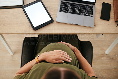 Buy stock photo Woman, pregnant and stomach with tablet screen in space with mockup for digital marketing by top view.vFemale entrepreneur, person and technology for website, homepage and about us for e commerce