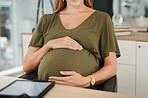 Woman, office and pregnant with hands, stomach and relax for break, company and workplace. Belly, employee and pregnancy in career, work and job with love, affection and care for baby, closeup or mom