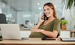 Portrait, laptop and phone call with a pregnant woman in her business office planning for maternity leave from work. Computer, communication and pregnancy with a happy young employee in the workplace