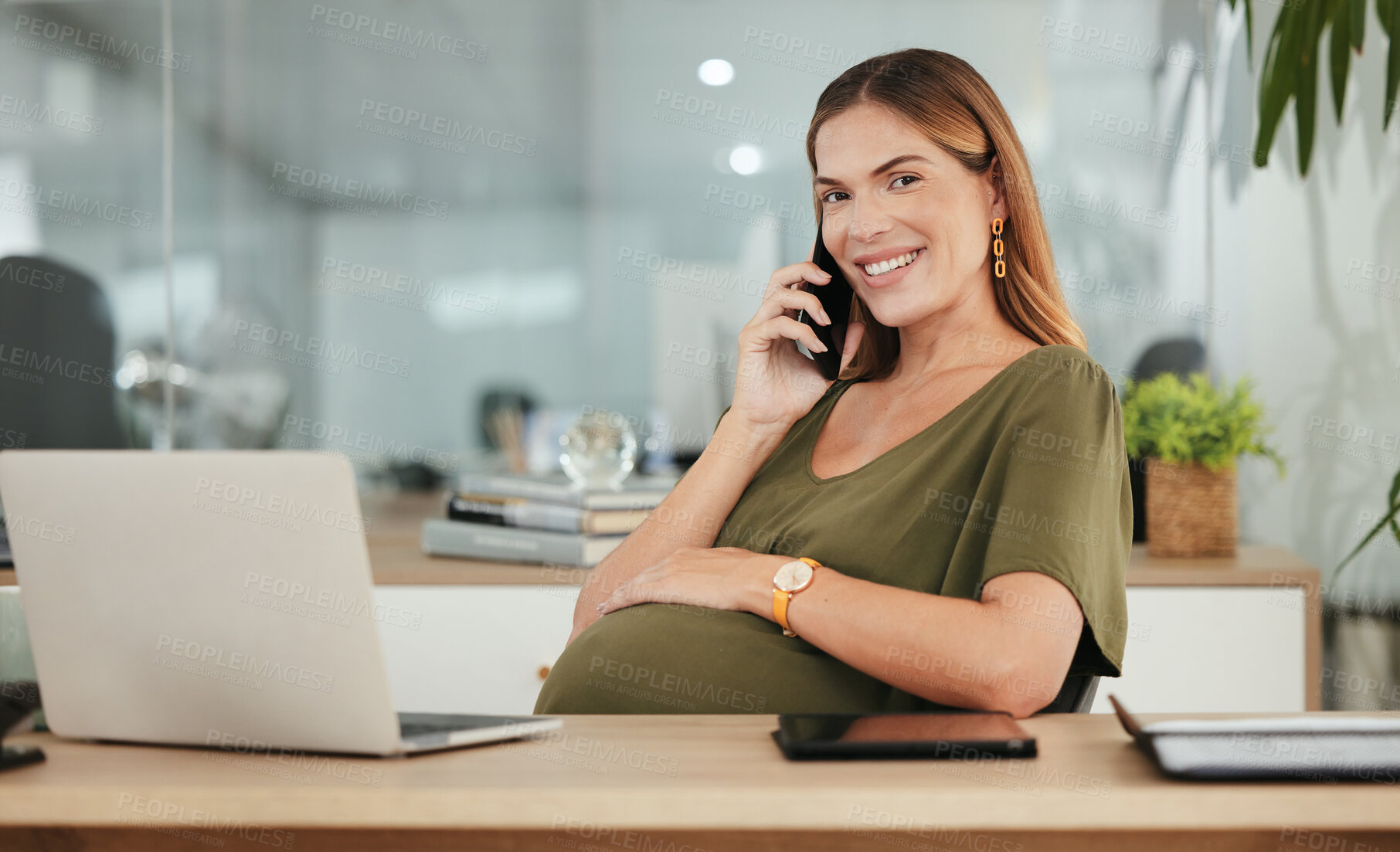 Buy stock photo Portrait, laptop and phone call with a pregnant woman in her business office planning for maternity leave from work. Computer, communication and pregnancy with a happy young employee in the workplace