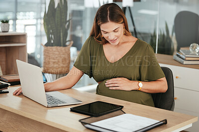 Laptop, stomach or happy pregnant woman in office typing on social media, website or internet for research. Maternity, desk or calm manager with pregnancy, smile or networking technology in workplace
