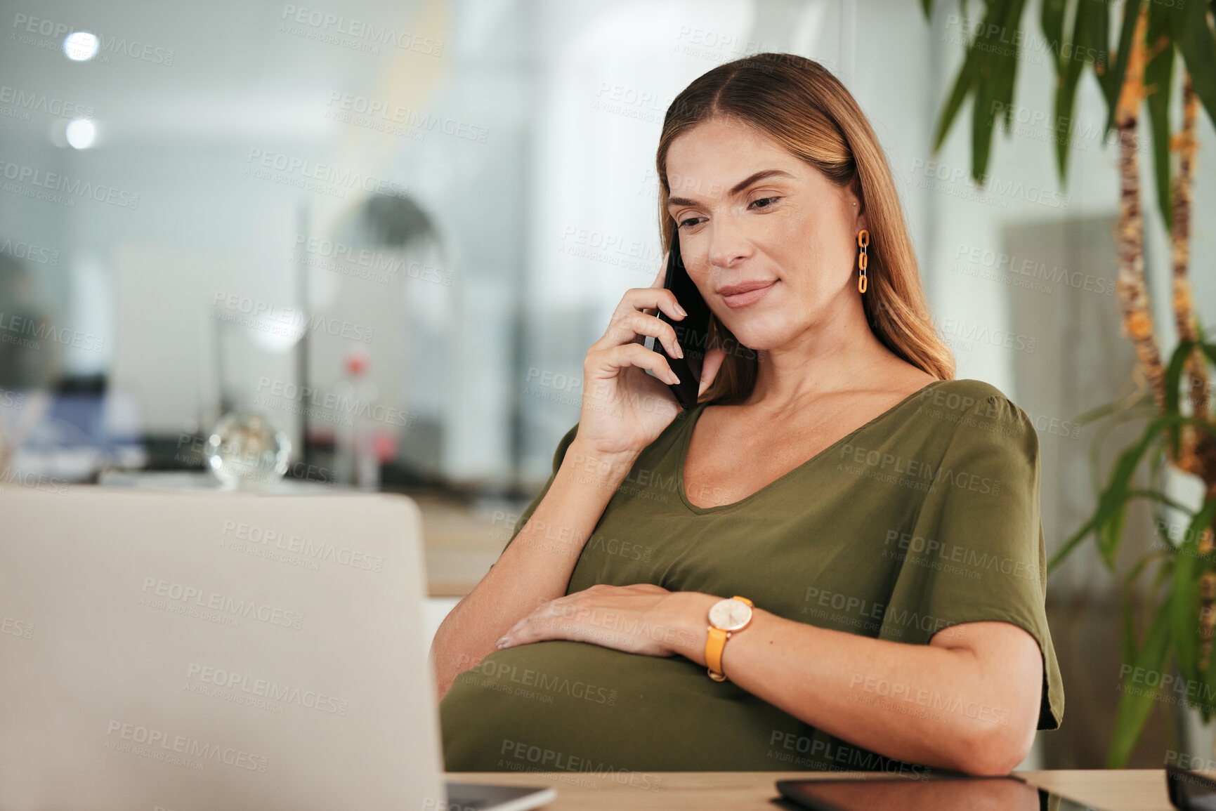 Buy stock photo Phone call communication, office laptop and pregnant woman reading online feedback, project insight or report information. Smartphone, pregnancy and maternity person talking with investment contact