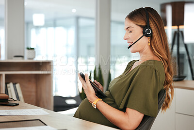 Buy stock photo Tablet, smile and a pregnant woman in a call center for customer support or service with a headset. Tech, help and pregnancy with happy young business consultant in workplace for crm communication