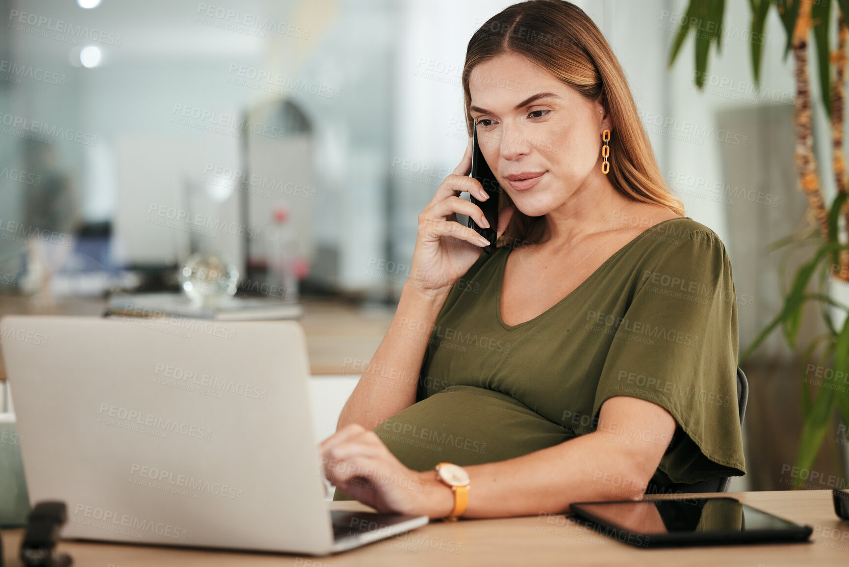 Buy stock photo Phone call conversation, office laptop and pregnant woman online, typing and reading website research, insight or report. Cellphone, pregnancy and maternity person check schedule or consultation info