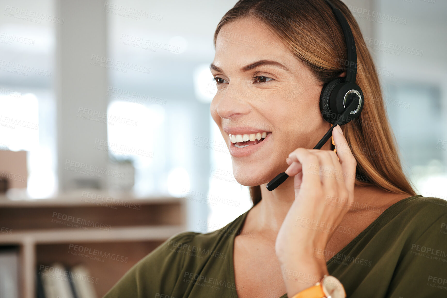 Buy stock photo Woman, smile and headset, callcenter and contact us with phone call, communication and customer service. Telecom, help desk and consultant with mic, CRM or advice with technology and telemarketing