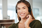 Woman, portrait and headset, call center and contact us with smile, communication and customer service. Telecom, help desk and consultant with mic, CRM or advice with technology and telemarketing