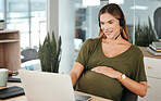 Computer, help and a pregnant woman in a call center for customer service or support with a headset. Tech, smile and pregnancy with a happy young business employee in the workplace as a mother