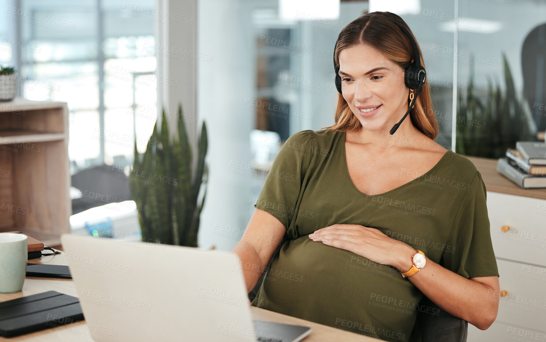 Buy stock photo Computer, help and a pregnant woman in a call center for customer service or support with a headset. Tech, smile and pregnancy with a happy young business employee in the workplace as a mother