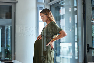 Buy stock photo Woman, breathing or pregnant stomach in office break in business in workplace to relax body. Calm, worker or mom thinking of pregnancy in career, work or job with belly, affection or care for baby