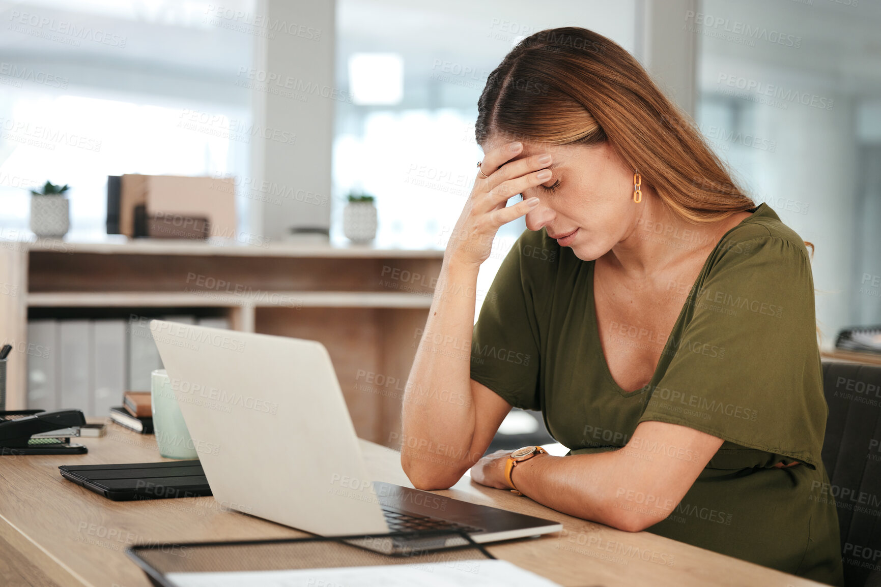 Buy stock photo Business, woman and headache in office with tired, burnout and relax with eyes closed at desk or table. Person, professional and employee with hand on face for anxiety or stress at corporate company