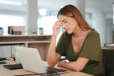 Buy stock photo Business, woman and headache in office with burnout, tired and relax with eyes closed at desk or table. Person, professional and hand on face for risk, anxiety or stress at corporate company or job