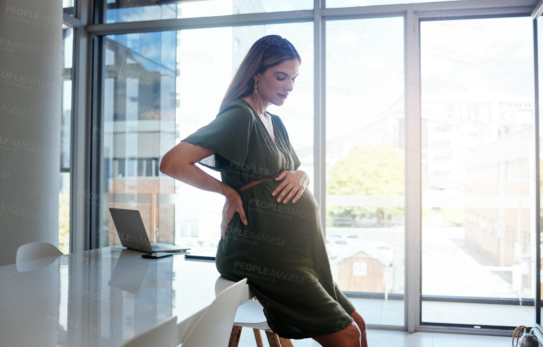 Buy stock photo Woman, office or pregnant stomach on break to relax or breathe in company or workplace. Belly, employee or pregnancy in career, work and job with love, affection and care for baby, health or mom