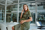 Smartphone call, pregnant and corporate happy woman speaking, discussion and consulting on baby development in boardroom. Cellphone, glass window and pregnancy person talking on business conversation