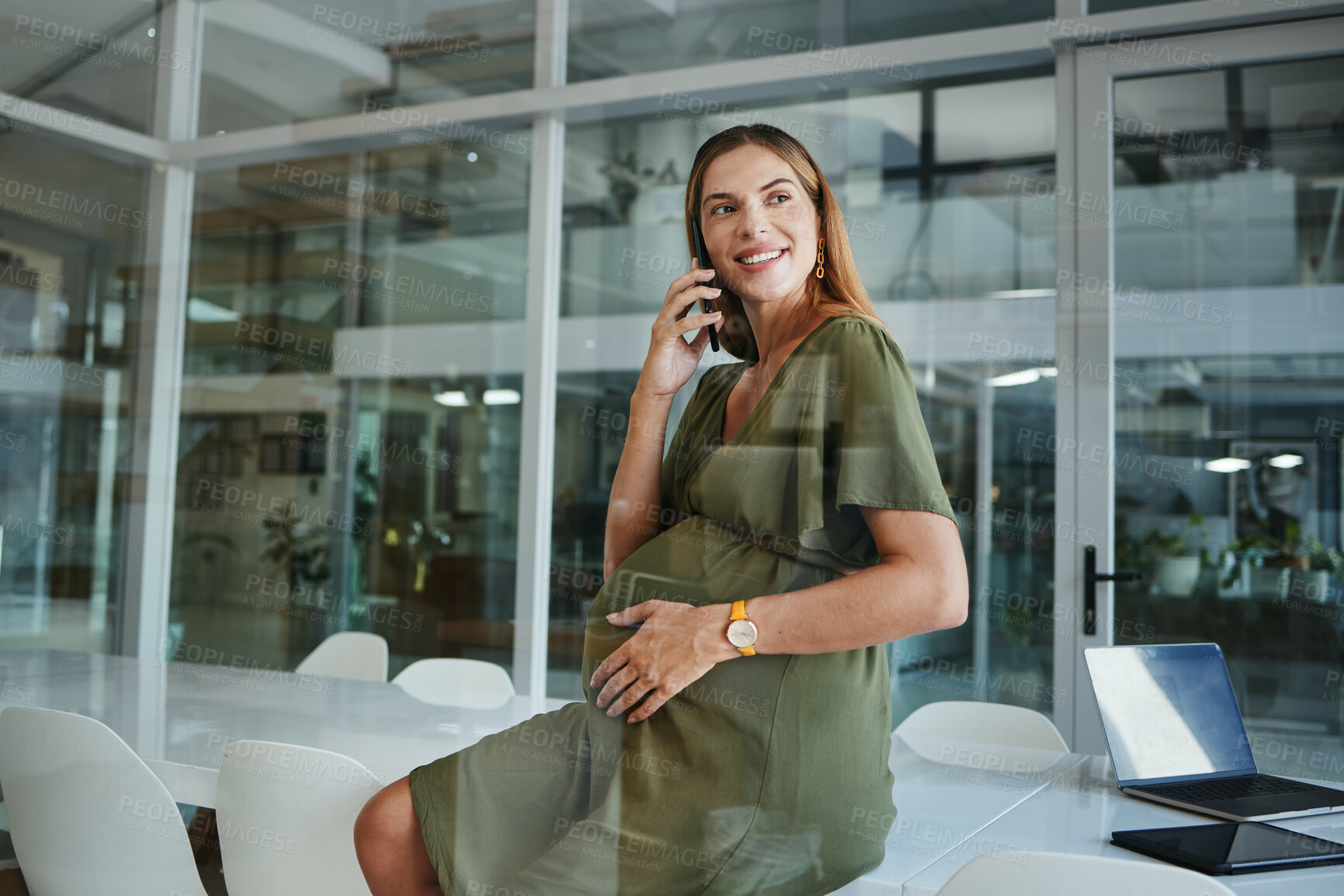 Buy stock photo Smartphone call, pregnant and corporate happy woman speaking, discussion and consulting on baby development in boardroom. Cellphone, glass window and pregnancy person talking on business conversation