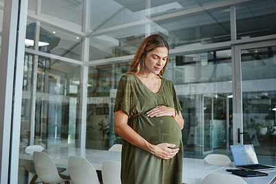 Buy stock photo Worker, thinking or pregnant stomach in office break in breathing meditation in company workplace. Belly, woman or mom in pregnancy in career, work and job with peace, affection and care for baby 