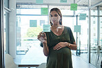 Pregnant woman, writing and glass in office for business plan, sticky note or thinking for vision, idea or goal. Analyst, brainstorming and problem solving for review, market research or innovation