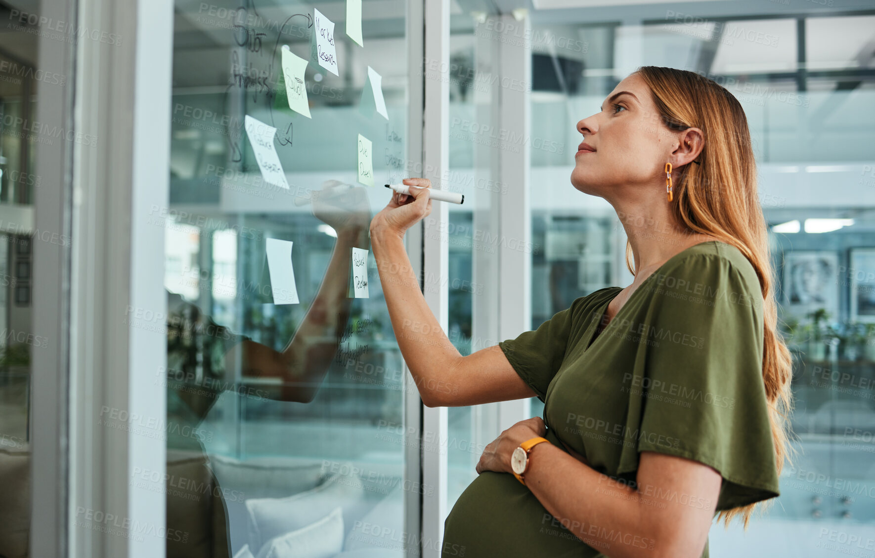 Buy stock photo Pregnant business woman, writing and glass for plan, sticky note or thinking for vision, idea or goal. Analyst, brainstorming and problem solving for solution, market research or board with pregnancy