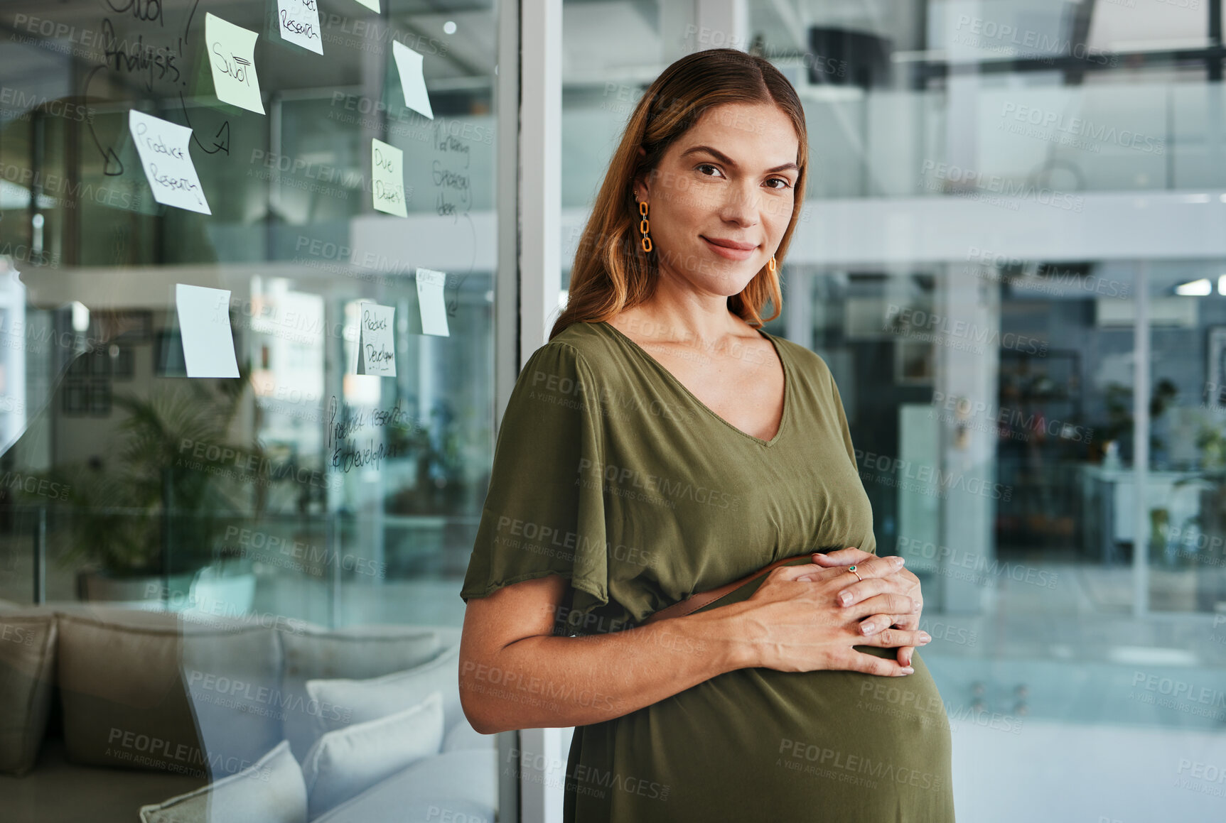 Buy stock photo Portrait, stomach and business with a pregnant woman in her office at the start of her maternity leave from work. Company, belly and pregnancy with a happy young mom as an employee in the workplace