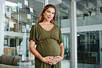 Portrait, planning and a pregnant business woman in her office at the start of her maternity leave from work. Company, belly and pregnancy with a confident young employee as a mom in the workplace