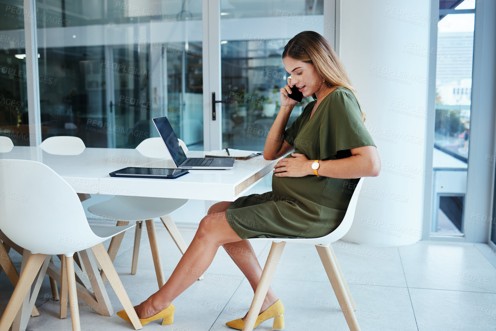 Buy stock photo Pregnant business woman, phone call and office with thinking, talk and touch stomach with networking. Entrepreneur, smartphone and contact for negotiation, deal or sales update at desk with pregnancy