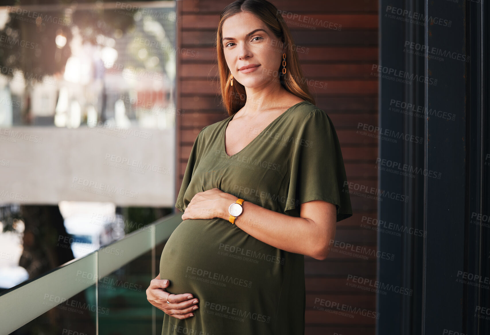 Buy stock photo Portrait, pregnant and business woman at her office outdoor balcony at the start of her maternity leave from work. Company, belly and pregnancy with a happy young professional employee at workplace