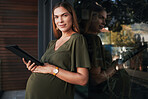 Portrait, tablet and glass with a pregnant woman on the balcony of an office, planning for maternity leave from work. Company, tech and pregnancy with a young employee at her workplace for research